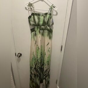 Green and Cream Women's Dress by Farm Rio. Straps on top with lace.